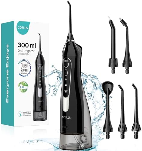 COSLUS Water Dental Flosser Teeth Pick: Portable Cordless Oral Irrigator 300ML Rechargeable Travel Irrigation Cleaner IPX7 Waterproof Electric Flossing Machine for Teeth Cleaning C20(F5020E)